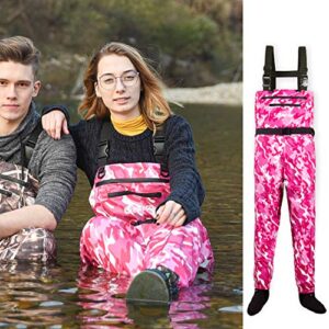 neygu quick drain waterproof and breathable chest wader with 4mm neoprene stocking foot for fishing and hunting，pink camo l
