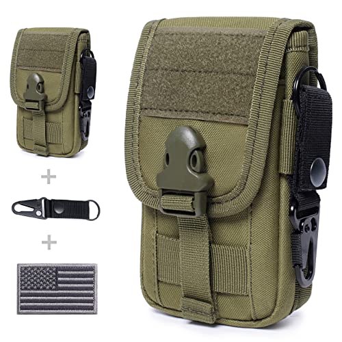 tactical molle phone pouch edc cellphone holder smartphone organizer bag with us flag patch & molle key ring (army green)