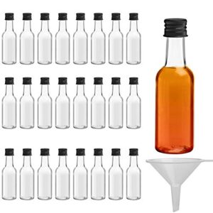 belle vous mini liquor bottles (24 pack) reusable plastic 50ml (1.7 fl oz) empty spirit bottle with black screw cap, liquid funnel for easy pouring, filling miniature bottles for weddings, parties