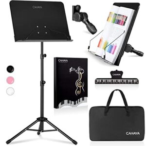 cahaya 5 in 1 dual use sheet music stand & desktop book stand metal portable solid back height adjustable from 31.4 57in with book stand support, carrying bag, sheet music folder and clip cy0194