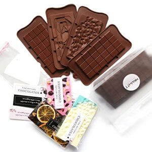 chocolate bar molds 100pcs set silicone candy mold with smoother baking scraper, wrappers and packaging stickers, diy food kits ideal gift for snap chocolate wax lover boyfriend mom valentine's day
