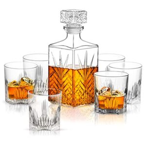 paksh novelty whiskey decanter set 7 piece italian crafted glass decanter & whiskey glasses set holiday whiskey gifts for men and women w/ornate stopper and 6 cocktail glasses