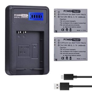 powertrust 2 pack nb 5l battery and lcd usb charger for canon powershot s100, s110, sd700 is, sd790 is, sd800 is, sd850 is, sd870 is, sd880 is, sd890 is, sd900 is, sd950 is, sd970 is, sd9