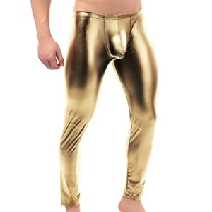 qiati men's tight pants faux leather men leggings long trousers pu skinny slim pants club dance gold
