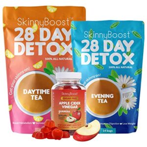 skinnyboost detox tea power kit 1 daytime tea (28 bags) 1 evening detox tea (14 bags) & 1 sugar free apple cider vinegar vegan gummies (60 gummies) detox and cleanse