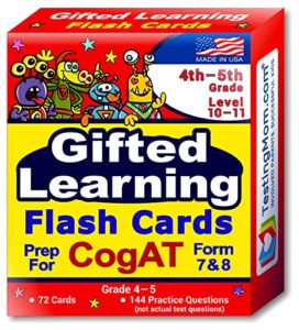 testingmom.com cogat test prep flash cards – grade 4 (level 10) grade 5 (level 11) – 140+ practice questions – tips for higher scores on the 4th grade 5th grade cogat – verbal & non verbal