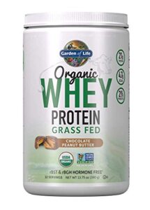 garden of life certified organic 21g california grass fed whey protein powder chocolate peanut butter 12 servings, probiotics, gluten, rbst and rbgh free, 13.75 oz