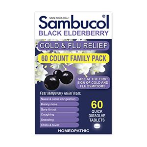 sambucol cold and flu relief tablets homeopathic cold medicine, nasal & sinus congestion relief, use for runny nose, sore throat, coughing, fever, cold remedy for adults black elderberry, 60 count