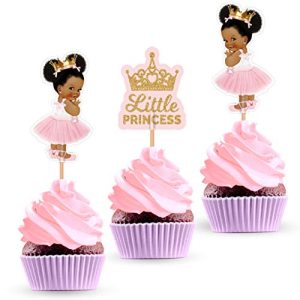 Little Princess Cupcake Cake Toppers - African American Royal Themed Baby Shower Birthday Party Decorations Supplies for Girl - 24 PCS