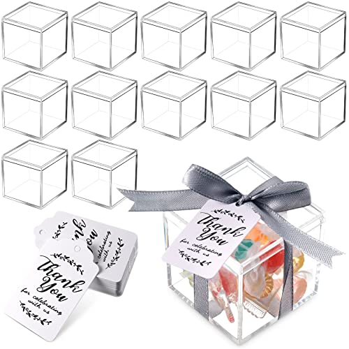 Maitys 50 Pcs Acrylic Box with Tags 2.2 x 2.2 x 2.2 Inch Clear Wedding Guest Favor Box Plastic Square Cube with Lid Mini Acrylic Containers Display Box for Wedding Bridal Shower Souvenir Party Gifts